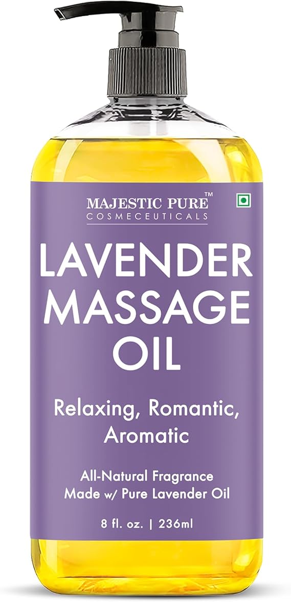 Majestic Pure Lavender Massage Oil, Relaxing Aromatherapy, 8 Fl Oz | Calming evening wind-down and bedtime self-care ritual; soothing floral scent for a spa-like moment of quiet before sleep.