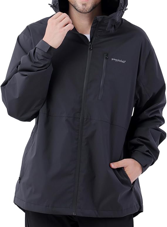 YINGJIELIDE Men's Waterproof Hooded Rain Jacket,Breathable Windbreaker Windproof Insulated Coat,Shell Hoodie Ski Sailing