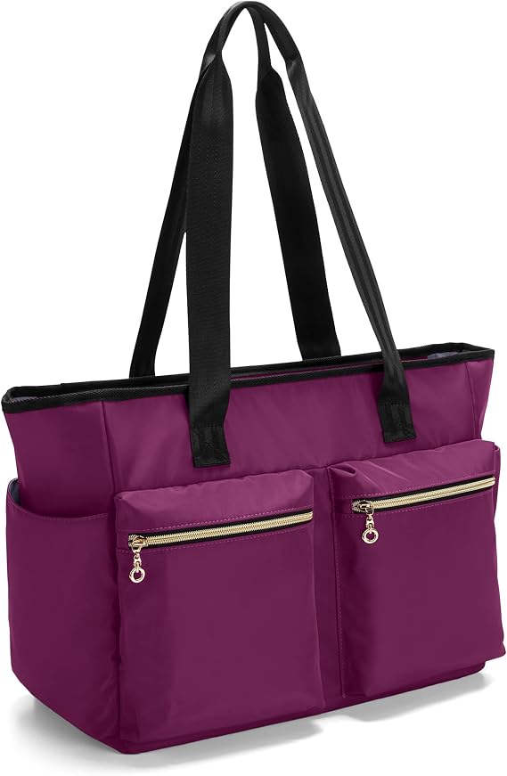 Damero Teacher Tote Bag Work Bag with Zip Top and Laptop Sleeve, Purple | Teacher Utility Tote Bag Fit up to 15.6 Laptop, Multiple Pockets, Pen Slots, Long Handles, for Office, Business