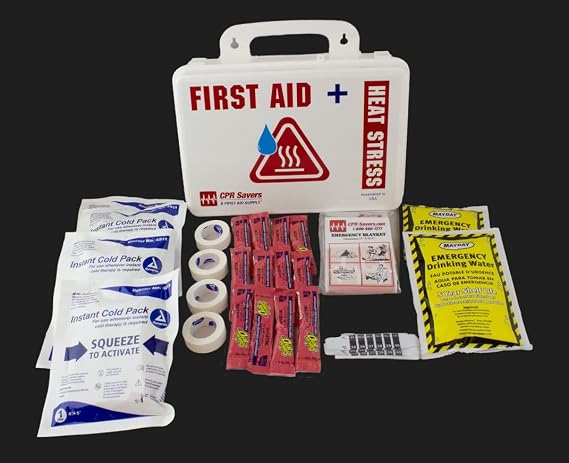 CPR Savers Heat Stress Relief First Aid Kit Workplace Heat Safety Kit with Cold Packs, Electrolyte Drink Mix, Thermometers, Emergency Water & Solar Blanket