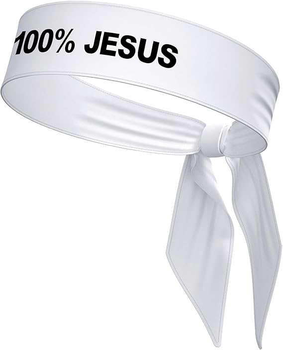 White 100% Jesus Sports Head Tie Headband - Black Stretch Sweatband Men's Football Futbol Soccer Sweat Band Christian Faith Religious