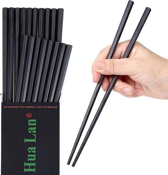 Chopsticks Reusable Fiberglass Chopsticks, 10 Pairs, Black, Non-Slip, Dishwasher Safe