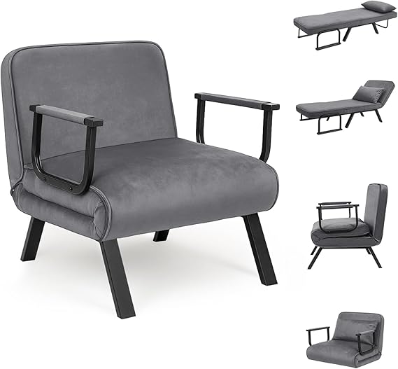 CROWNSHOP Folding Sofa Bed 4-in-1 Convertible Single Chair Bed (Dark Gray) | 6-Position Backrest and Pillow, Folding Sleeper Couch with Back Upholstered Seat Single Flip Chair for Living Room