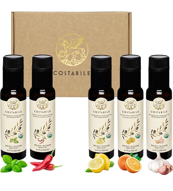 Infused Olive Oil Gift Sets - Organic Puglia Olive Oil Sampler Gift Set. Ideal for Italian and Edible Baskets. Gourmet Box for Food Lovers of 5 x 3.45 Fl.Oz.