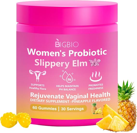 Feminine Probiotics Gummies, Slippery Elm for Women, Vaginal Health Supplement for pH Balance, Odor Control, Yeast Balance, Flora Immune Support, Suagr-Free, Veagn, Pineapple Flavor, 60 Count