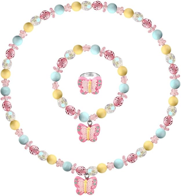 Msnailfly Butterfly Stretch Necklace Little Girl Toddler Necklace Bracelet Set, Little Princess Jewelry Kids Play Necklaces Butterfly Rings for Kids