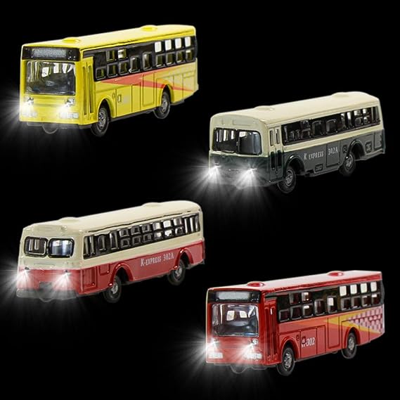 EBS15002 4pcs 1:150 Model Lighted Cars Bus with 12V LED Lights for Building Layout Diecast New