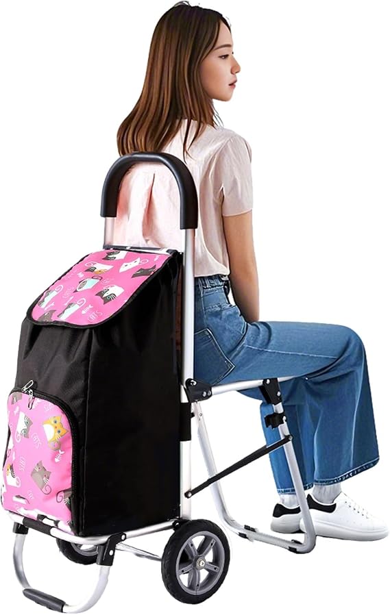 FORRTY Shopping Cart with Chair, Sittable Silver Cart, Foldable Senior Cart for Elderly, Shopping Cart with Silent Casters, Aluminum Alloy Lightweight, Large Capacity Oxford Fabric, Waterproof