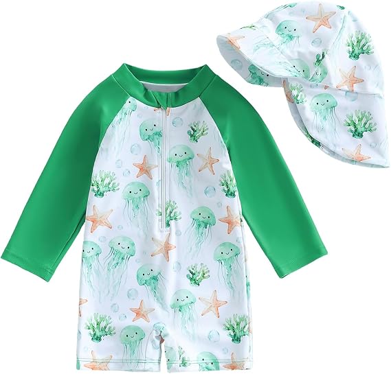 Socutebabe Infant Baby Boy 4th of July Swimsuit Toddler Rash Guard Baby One Piece Swimwear Sunsuit Bathing Suit Beachwear Hat