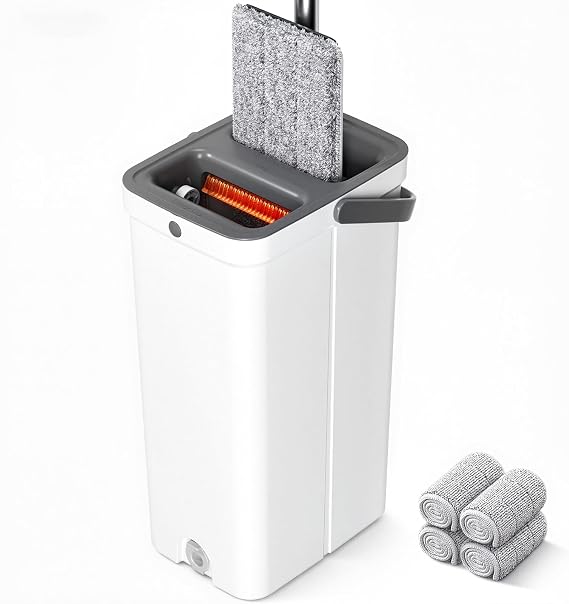 Mop and Bucket with Wringer Set, Hands-Free Flat Floor Mop and Bucket for Floor Cleaning, 60" Extra Long Stainless Steel Handle, 4 Washable Microfiber Pads, Mops for Wall, Hardwood, Tile