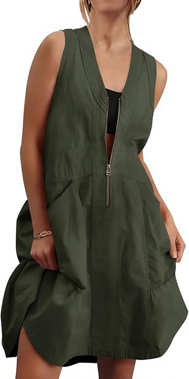 Fisoew Women's Sleeveless Tank Mini Dress Casual Half Zip V Neck Loose Mesh Back Utility Summer Dresses with Pockets Army Green