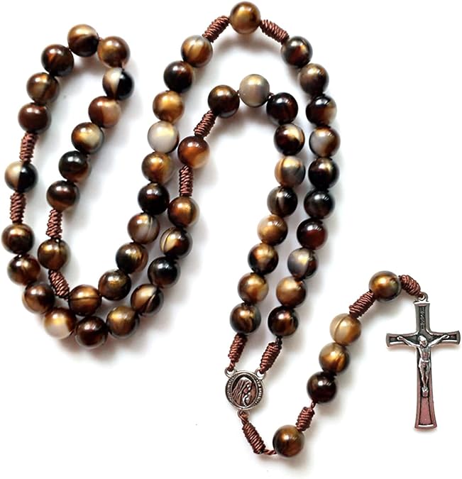Crucifix Rosary Beads Necklace Chain Pendant Necklace Brown Acrylic Beads Long Chain Praying Jewelry Gift Cross Pendant Necklace
