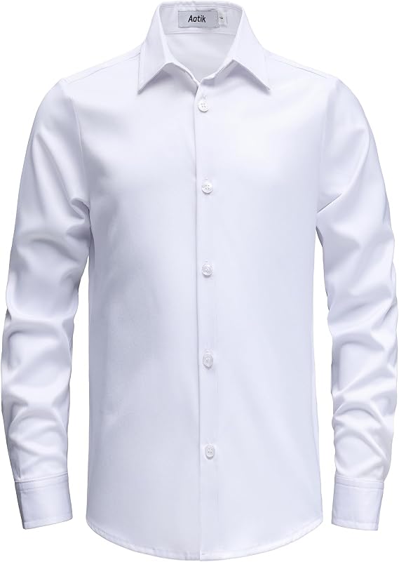 Boys Stretch Wrinkle Free Dress Shirt Long Sleeve Button Down Shirt | Kids, Easy Care, Button Up, Collared, School Uniform, Casual, Daily, Formal, Wedding, Church, Graduation, Family Photos