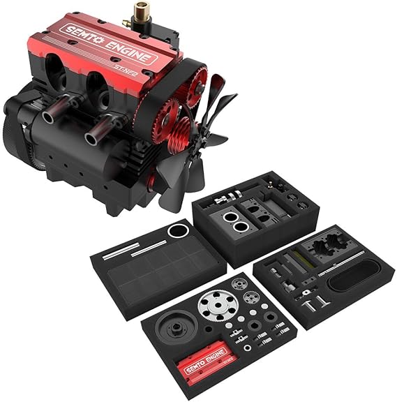 SEMTO ENGINE ST-NF2 7.0cc Mini Inline Twin-Cylinder 4-Stroke Nitro Engine Kit, Air-Cooled Internal Combustion Model for RC Cars, Boats & DIY Projects (Red)
