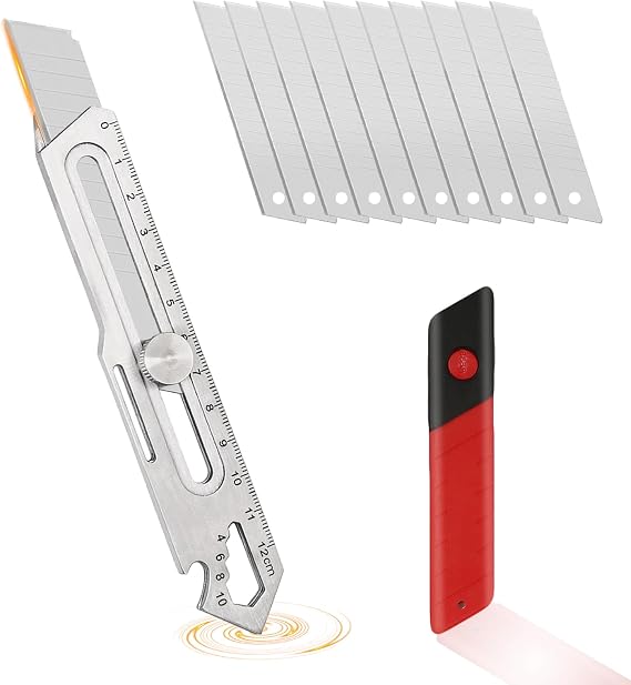 Mutipurpose Utility Knife, Heave Duty Full Stainless Steel Retractable Box Cutter with 10PCS Replaceable Blades (18mm Wide), Extended Razor Knife for Office Home School, Safety Lock Design