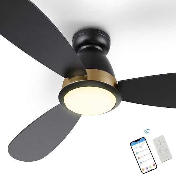 SMAAIR 52" Smart Ceiling Fans with Lights,Flush Mount Ceiling Fan with Lights and Remote,Works with Siri/Alexa/Google Assistant,3 Plywood Blades,10 Speed DC Motor,Indoor/Outdoor Use,Black