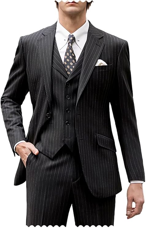 Men's Suits 3 Piece Pinstripe Tuxedo Suit for Wedding Groomsmen Slim Fit Formal Prom Tuxedo