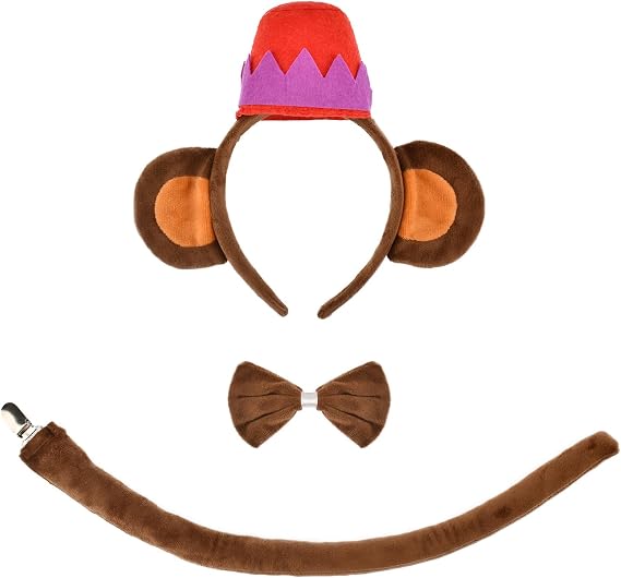 Monkey Costume Accessory Set, Headband with Ears and Hat, Bow Tie, Tail, Brown and Red, 3-Piece