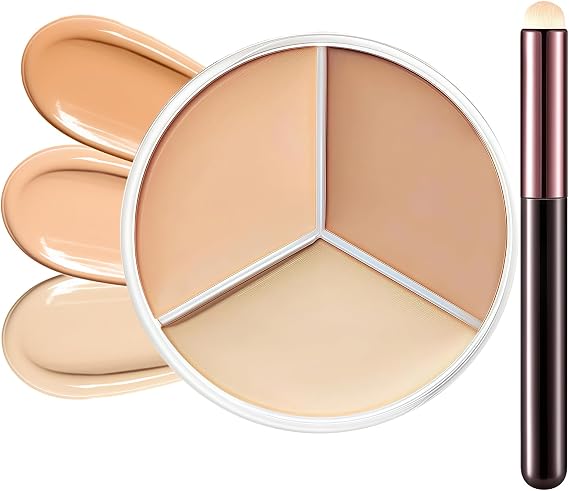 Concealer Palette with Brush, Concealer Full Coverage - 3-Color Creamy Long-Wearing, Blends Easily, Ideal for Dark Circles, Spots &amp; Acne, Hypoallergenic Formula for Flawless Look