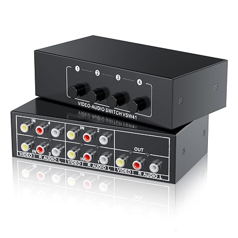 RCA Switch 4 in 1 Out for Wii PS2 Xbox DVD | 4X1 Composite Video L/R Audio Selector Box RCA Switcher Plug & Play