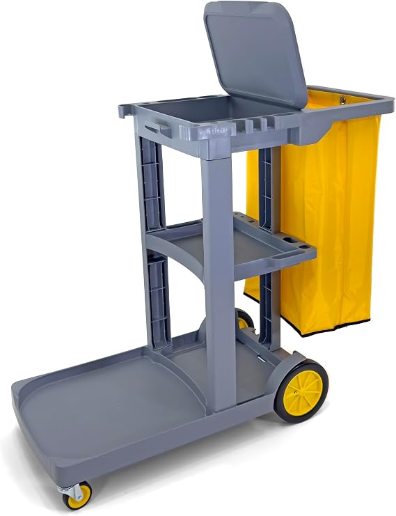 Compact Size Janitorial Cart | 3 Shelves | 25 Gallon Vinyl Bag with Cover | 450 LBS Capacity | Gray