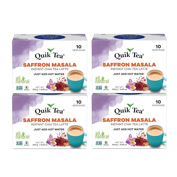 QuikTea Instant Saffron Masala Chai Tea Latte, 33.8 Oz, Artisanal Indian Chai Latte Mix, Just Add Hot Water, Low Caffeine, Non-GMO, Gluten Free