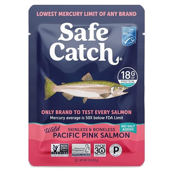 Safe Catch Wild Pacific Pink Salmon Fish No Salt Added, 3oz Pouch, 12-Pack | Wild Caught, Skinless and Boneless, Ready To Eat, Lowest Mercury Limit, Kosher