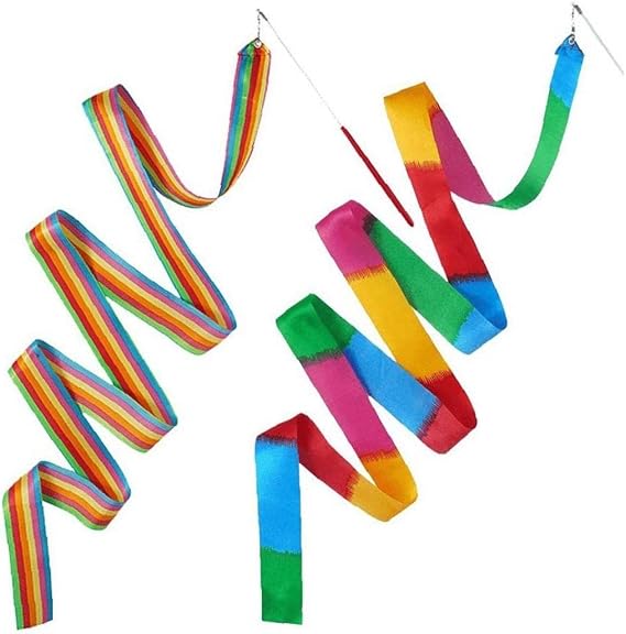 2 Pcs 2m Colorful Dance Ribbons Rainbow Streamers Rhythmic Art Gymnastics Twirling Wands Rods Stick for Kids Artistic Dancing