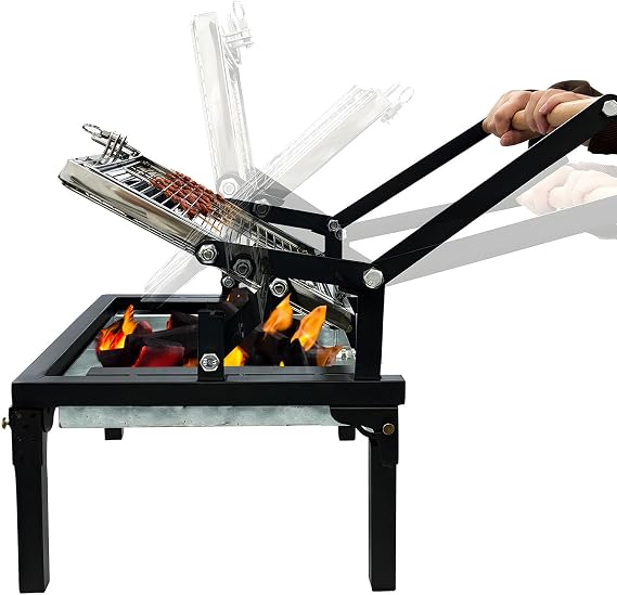 360 Rotating BBQ Grill, Outdoor Flipping Charcoal Grill | Effortless Flip Grill with Adjustable Tray, Wooden Heat-Proof Handle and Thick Food-Grade Stainless Steel Mesh for Picnicking