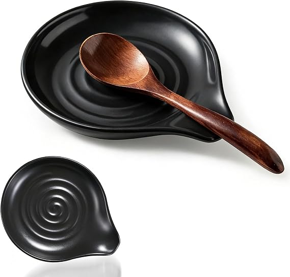 Ceramic Spoon Holder, 5-inch stovetop Spoon Rest, Heat-Resistant Kitchen Utensil Rack, Suitable for Holding Spoons, ladles, spatulas, Coffee Spoons, Tongs, and Other Kitchen Utensils (Black)