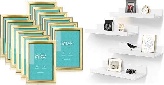 LaVie Home 4x6 picture frame 12 pack &15.6 inch white picture ledge shelf Wall Shelves with Lip