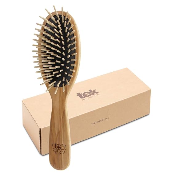 TEK | Oval Wooden Hair Brush with Short Pins in Natural Ash Wood, Ideal for Detangling, Styling and Daily Care of all Type of Hair | 22x6cm | Handmmade in Italy