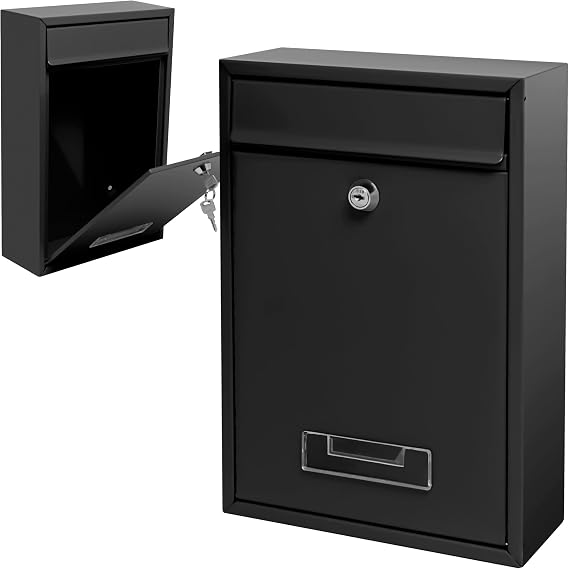 Wall Mount Mailbox, Mail Box with Key Lock, Dropbox with Slot for Envelope, Office Business, Home, Decor, 12.6 X 8.5 X 3.3 Inch (Black)