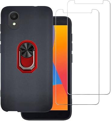 for Alcatel 1 2021 Case Compatible for Alcatel 1 5.0 Phone Case Cover 2 Pack Screen Protector Tempered Glass Full Body Defender Shock Protective Kickstand 360 Ring Holder Back -Red