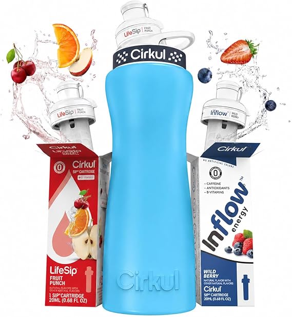Cirkul 42oz. Blue Stainless Steel Water Bottle Starter Kit with Black Lid and 2 Flavor Cartridges No Sugar, Zero Calorie Drink Mix