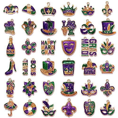 2036PCS Mardi Gras Charms for Jewelry Making, Carnival Mask Crown Jester Fleur-de-lis Charms for Bracelets Necklace Earrings Making DIY Crafts Mardi Gras Accessory Gifts