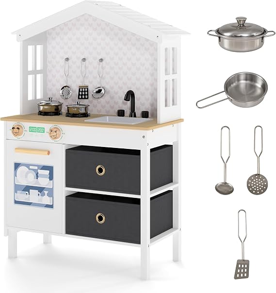 Costzon Kids Play Kitchen, Little Chef Montessori Cooking Toy Playset w/ 2 Stoves, Rotation Knobs, Faucet, Sink, Dishwasher, 2 Drawers & Cabinet, Wooden Kitchen Playset for Girls Boys Aged 3+ (White)