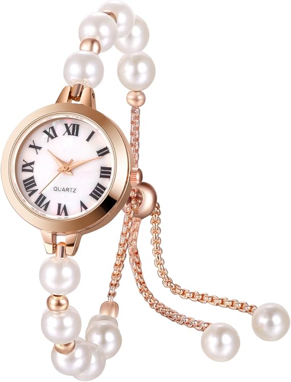 JewelryWe Pearl Bracelet Watch for Women: Rose Gold Adjustable Quartz Dress Watch, Elegant Stainless Steel Round Dial Bangle Wristwatch with White Face for Daily Wear Party Office Gift