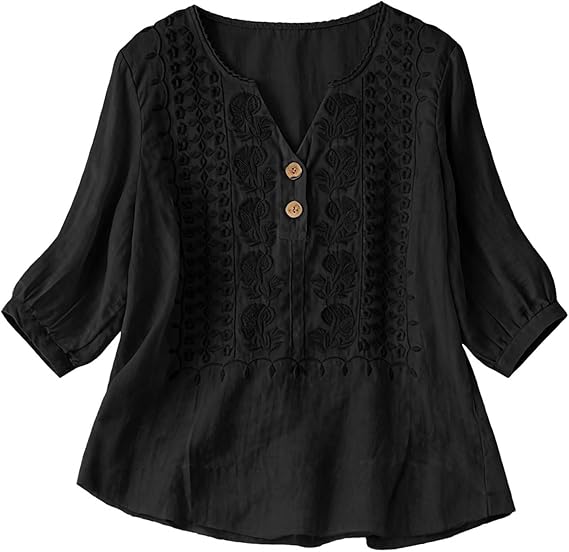Linen Tops for Women Boho Embroidered Peasant Shirts 3/4 Sleeve V Neck Cotton Gauze Tops Loose Tunics