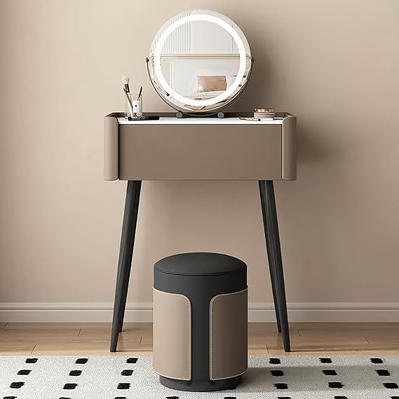 Makeup Vanity Set, Slate Vanity Table, Microfiber Leather Vanity Desk, Narrow Dressing Table, Makeup Table with Rotatable Mirror, with Cushioned Stool, Metal Legs(Brown,70cm/27.5in)