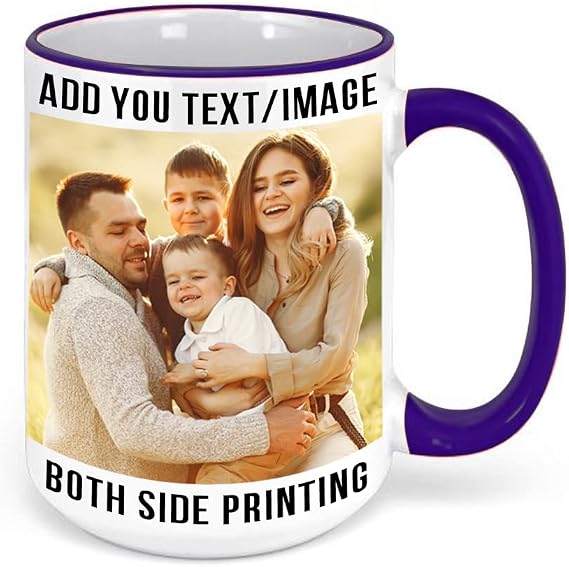 Custom Coffee Mug Personalized Gifts Ceramic Cup with Photo, Images or Text | Tazas Personalizadas Novelty Perfect for Birthdays, Christmas, Anniversary, Mother's Day - Blue Rim | 15oz