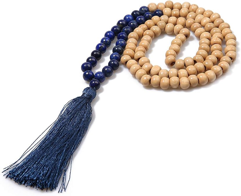 8MM Semi-Precious Gem Stones Wood Mala Bead Necklace