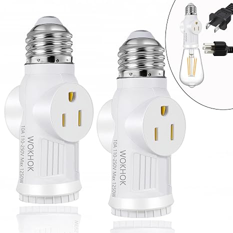 Light Socket to Plug Adapter,Convert E26 Light Socket to 2/3 Prong Outlet Adapter and Light Bulb Socket,Light Bulb Plug Adapter for Garage Porch,2 Pack(White)