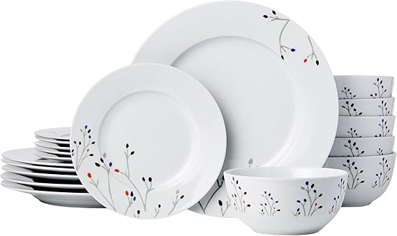 Amazon Basics 18-Piece Complete Kitchen Dinnerware Set, Microwave and Dishwasher Safe, Plates, Dishes, Bowls, Service for 6, Branches