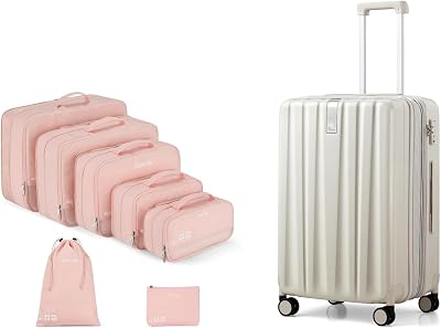 Hanke 7 Sets Pink Travel Organizer Bags and 24 Inch Expandable Checked LuggageIvory White, Compressible Expandable Packing Organizers,Packing Cubes for Travel