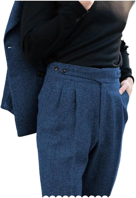 Men's Tweed Pants Herringbone Wool Pleated Front Dress Suit Slacks Trousers