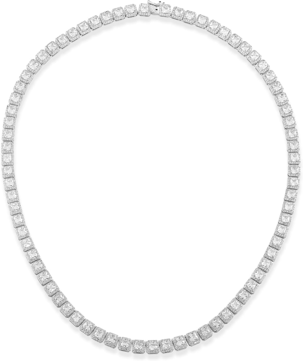 Gemsme 18K White Gold Plated Halo Necklace 5.0mm Round Cubic Zirconia Classic Tennis Necklace