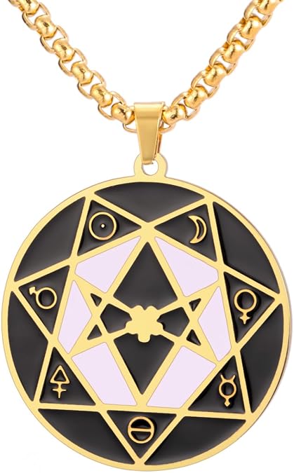 Septagram Magic Circle Necklace for Men Women Mysticism Theme Pendant Necklace Includes Planetary Hexagram Heptagram Elements