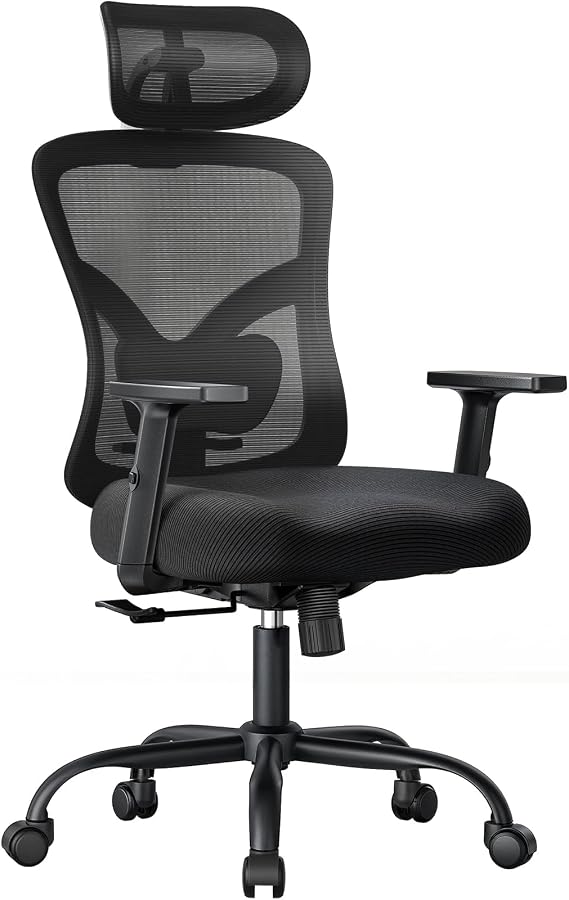 NOBLEWELL Ergonomic Office Chair with Padded Lumbar Support and 2D Headrest | Adjustable armrests, upgraded contoured seat cushion, 90-130 rocking tilt, breathable mesh backrest, home office chair
