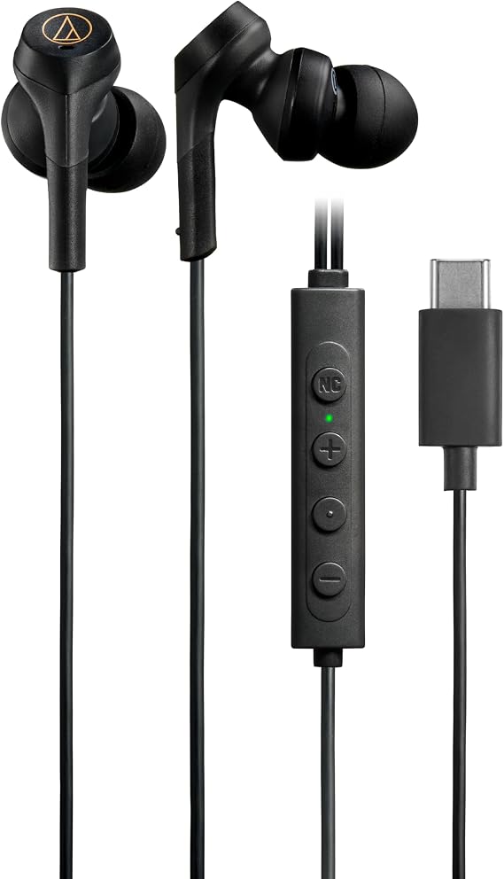 Audio-Technica ATH-CKS330NC BK Earphones, Wired Type C, Noise Cancelling, 3.9 ft 1.2 m, U-Shaped Cord, No Delay, Microphone Included, Remote Control, Heavy Bass, Sealed Type, Built-in DAC Black
